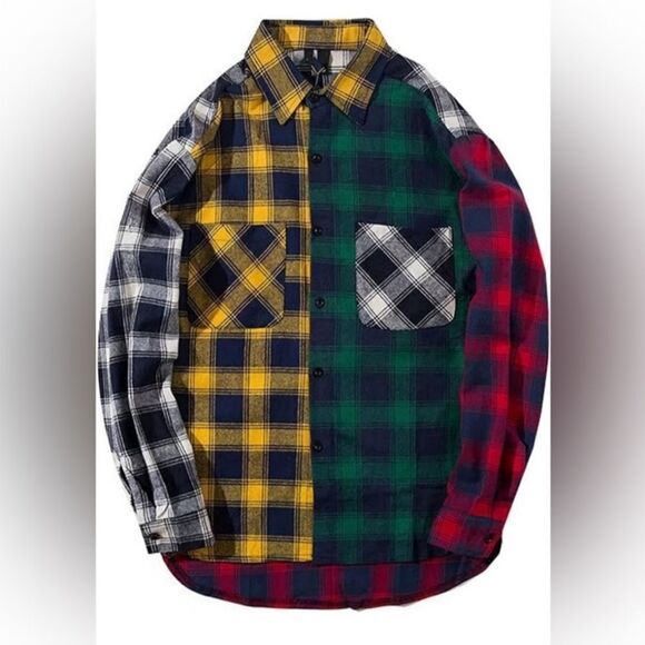 Men's Or Women's Plaid Color Block Long Sleeve Shirt - Picture 2 of 6